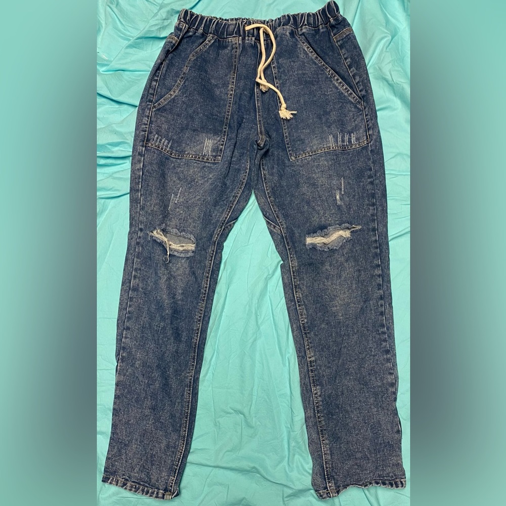 Acid washed Elastic waist, drawstring denim Jeans